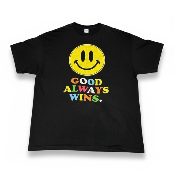 Good Always Wins Other - Good Always Wins Smiley Face T-Shirt Black | XL | Retro Neon Graphic | 🇺🇸‎